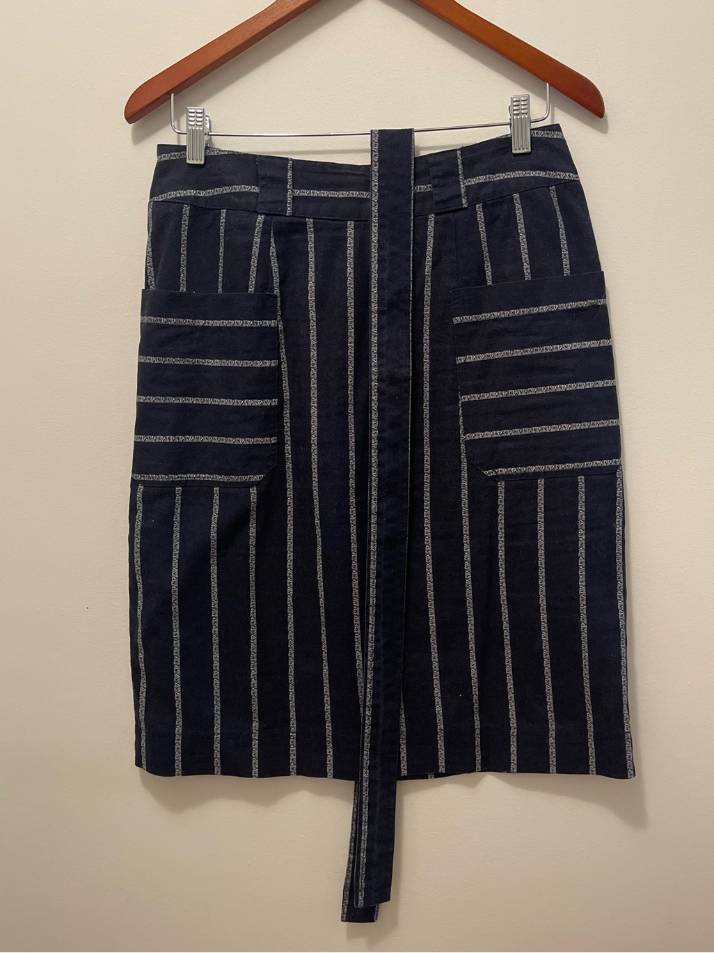 Paraphrase Navy And White Vertical-Stripe Tie-Waist A-Line Skirt